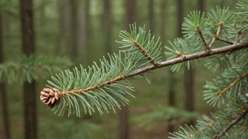 Et nærbilde av en granris med grønne nåler, med en uskarp skog i bakgrunnen.