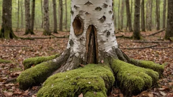 En bjørkestubb i en skog, med stubben som hovedfokus i bildet.