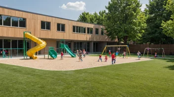 En moderne barnehagefasilitet med en lekeplass og barn som leker utenfor