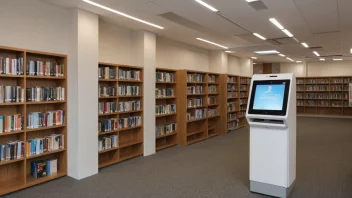 Et moderne bibliotek med en selvbetjent kiosk for utlåning av bøker og annet materiell.