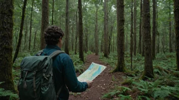 En person på en gallegang-eventyr i skogen