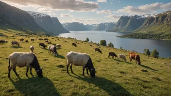 Et detaljert bilde av et norsk landskap med beitende dyr, som illustrerer begrepet beiteutnyttelse.