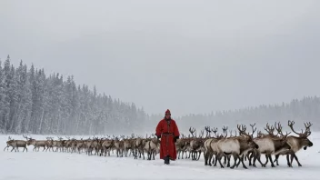 En samisk person i tradisjonelle klær som gjeter reinsdyr i et snødekt landskap.