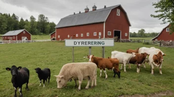 En gård med dyr og en låve med en skilt som sier 'dyreernæring' på norsk.