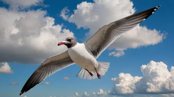 En lattermåke i flukt, med sitt karakteristiske svarte hode og hvite kropp, mot en lys blå himmel med hvite skyer.