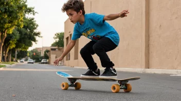 En ung gutt i luften, utfører et triks på skateboardet sitt, med et modig og fryktløst uttrykk i ansiktet.