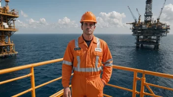 En offshorearbeider i en lys orange jumpsuit og hard hat, stående på en oljeplattform i midten av havet.