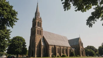 En høy kirke med et høyt tårn og et stort interiør