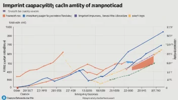 En graf som viser importkapasiteten til en bedrift eller et land, med en stigende trendlinje og ulike varer og tjenester som importeres i bakgrunnen.