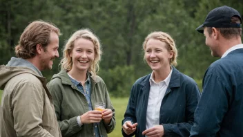 En gruppe mennesker fra Birkerbær, Norge, samlet sammen, smiler og chatter.