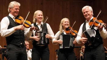 En gruppe musikere som spiller tradisjonelle norske instrumenter, med en livlig og energisk atmosfære.