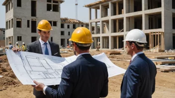 En byggeplass med en kran og et halvferdig hus, med mennesker i dresser og hardhatter som diskuterer og ser på tegninger.