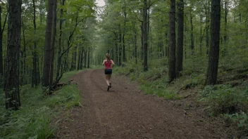 En person løper på en jordsti i en skog, med en subtil stigning og nedgang i terrenget.