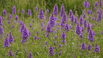 En vakker åker med luzerneplanter og fargerike lilla blomster