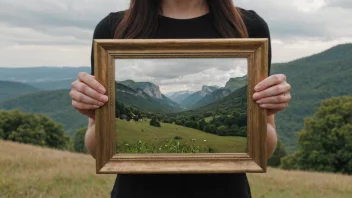 En person holder et bilde med en vakker landskapsfoto, med forskjellige rammer i bakgrunnen.