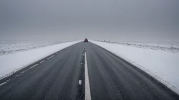 En vintervei med svart is, med en bil som kjører forsiktig i det fjerne.