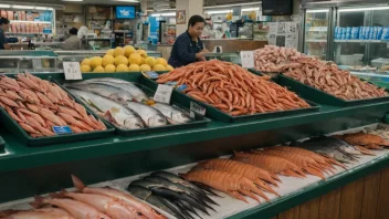 En fiskedisk med en rekke ferske fisk og sjømat på display.