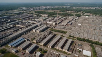 En fabrikkby med en stor fabrikk i sentrum og boligområder rundt