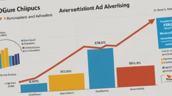 En graf som viser en økning i reklamevekst, med en bakgrunn av ulike reklamer og markedsføringsmateriell.