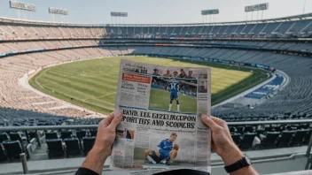 En person som sitter på en sofa og leser en avis med en idrettsdel, mens et stadion er synlig gjennom vinduet bak dem.