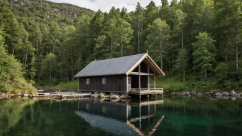 Et idyllisk båthus i et fredelig norsk landskap.