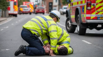 Et bilde av en person som hjelper en annen person i nød, med en diskret bakgrunn av nødtjenester, som politibiler eller ambulanser.