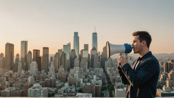 En person som annonserer et nytt produkt eller en ny tjeneste med en megafon.