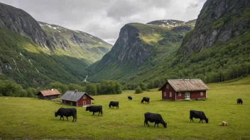 En fjellgård i Norge med en liten hytte og kuer som beiter.