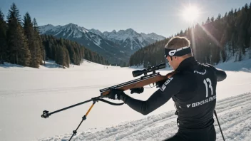 En skiskytter i aksjon, på ski og skyter i et vinterlandskap