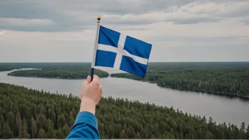 En person holder stolt et finsk flagg, med et fredelig finsk landskap i bakgrunnen.