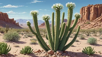 En peyotekaktusplante med livlige grønne stammer og små hvite blomster, satt mot en ørkenlandskap.