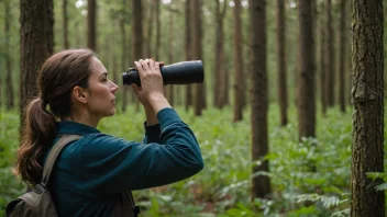 En person står i en skog og ser opp på trærne med kikkert, og observerer fugler.