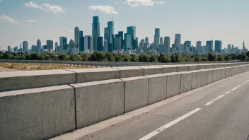 En betongbarriere på en motorvei med en by i bakgrunnen