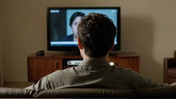 En person sitter på en sofa og ser på en dokumentarfilm på en TV-skjerm. Personen har et tankefullt uttrykk i ansiktet, noe som indikerer at de er engasjert og interessert i filmens innhold.