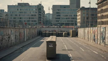 Berlinmuren og Checkpoint Charlie, med bybildet av Øst-Berlin i bakgrunnen.