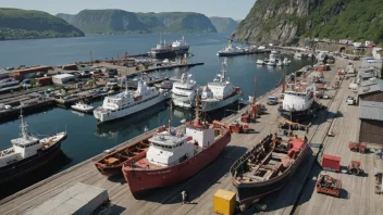 Et bilde av en båtnæring i Norge, med mange båter og skip i bakgrunnen, og mennesker som arbeider på dem.