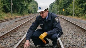 En person i en gul vest kneler ved siden av et togspor og prøver å fikse en signalforstyrrelse.