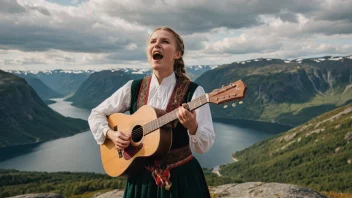 En tradisjonell norsk sanger som fremfører en kraftfull sang i et vakkert utendørs miljø.