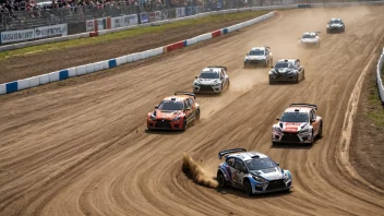 En rallycrosskonkurranse med biler som kjører på en lukket bane.