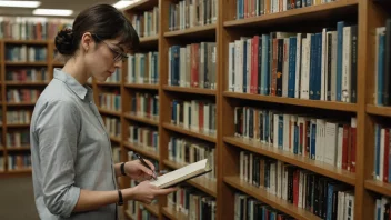 En person inspekterer bøker i et bibliotek.