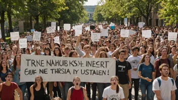 En gruppe studenter som protesterer på et universitetsområde.