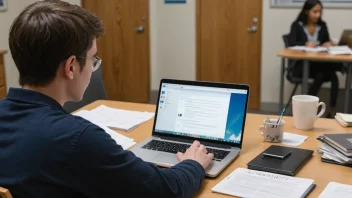 En student som arbeider med sitt sidestudium, omgitt av bøker og papirer.