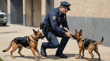 En politibetjent i uniform som søker etter narkotika med en politihund i et offentlig område.