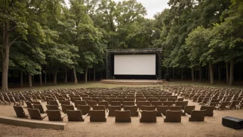 Et utendørsteater med en stor scene og sitteplasser, omgitt av en vakker park.