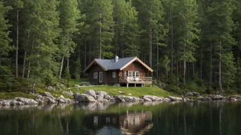 En tradisjonell norsk hytte med tre-eksteriør og skråtak, omgitt av trær og en fredelig innsjø i bakgrunnen.