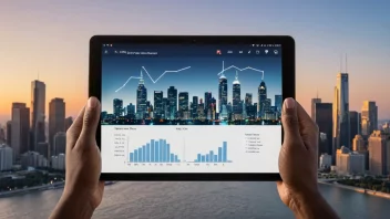 En person som holder en nettbrett med en graf som viser en økende økonomi, med en bysilhuett i bakgrunnen.