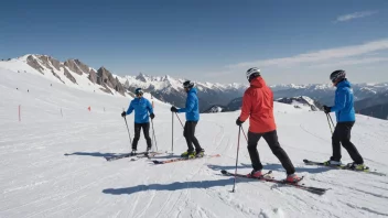 En skitrener i en rød jakke, stående på fjellet, som veileder utøvere