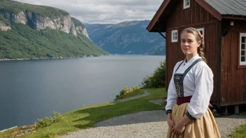 En ung kvinne fra Sørlandet, kledd i tradisjonelle klær, står foran et trehus med en fjord i bakgrunnen.