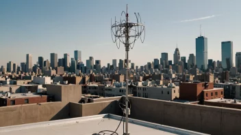 En amatørradioantenne på et hustak med en by i bakgrunnen