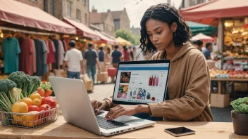 En person handler på nettet på en laptop, med en rekke produkter og markedsplasser i bakgrunnen.